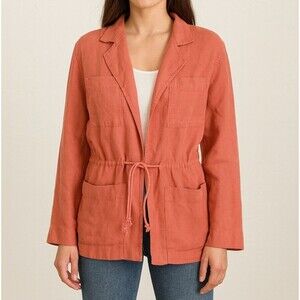 Utility Jacket Linen Open Cardigan M Drawstring 4 Front Pockets Lightweight Prep